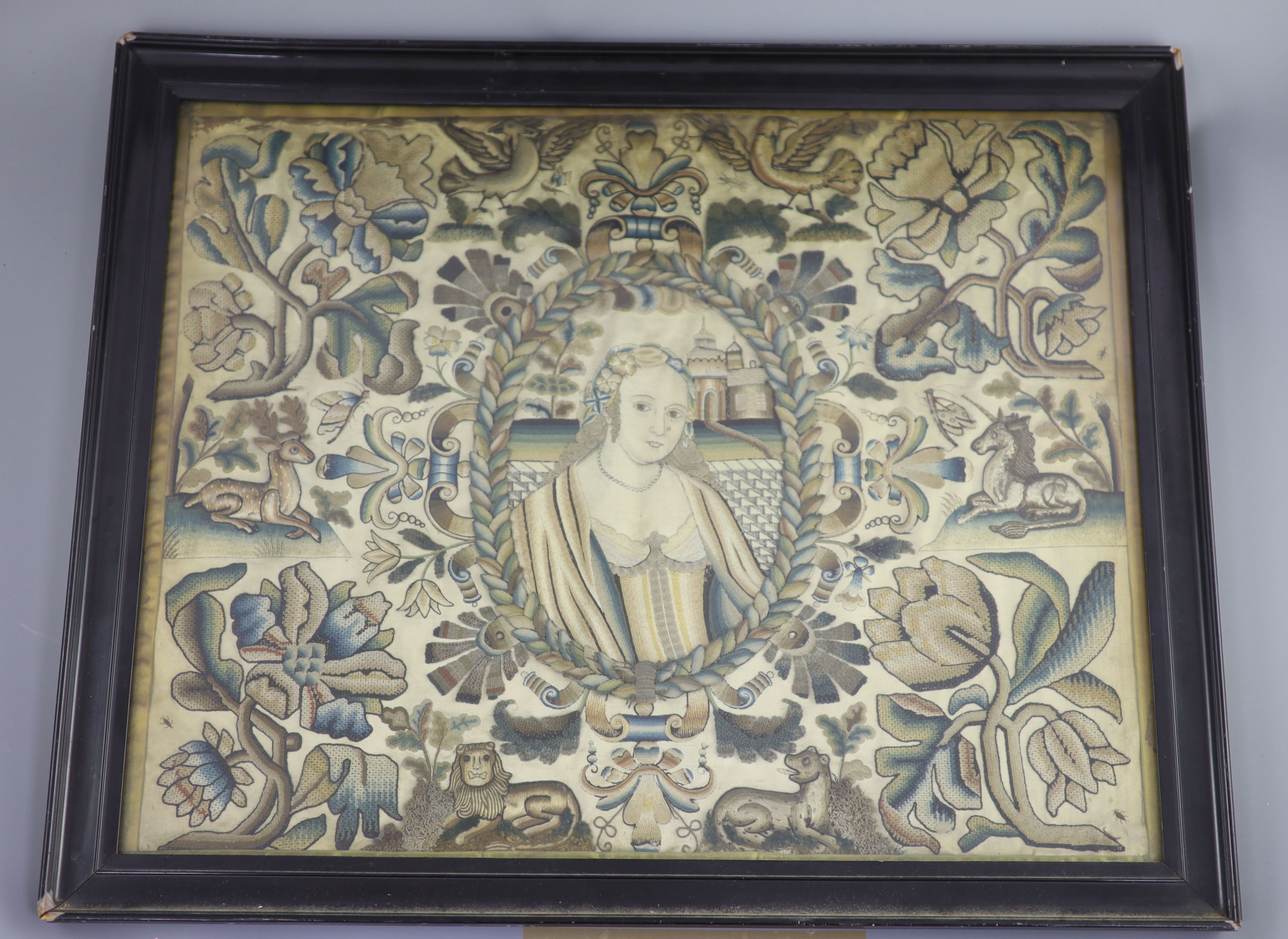 A Charles II stumpwork panel, 43 x 54cm.